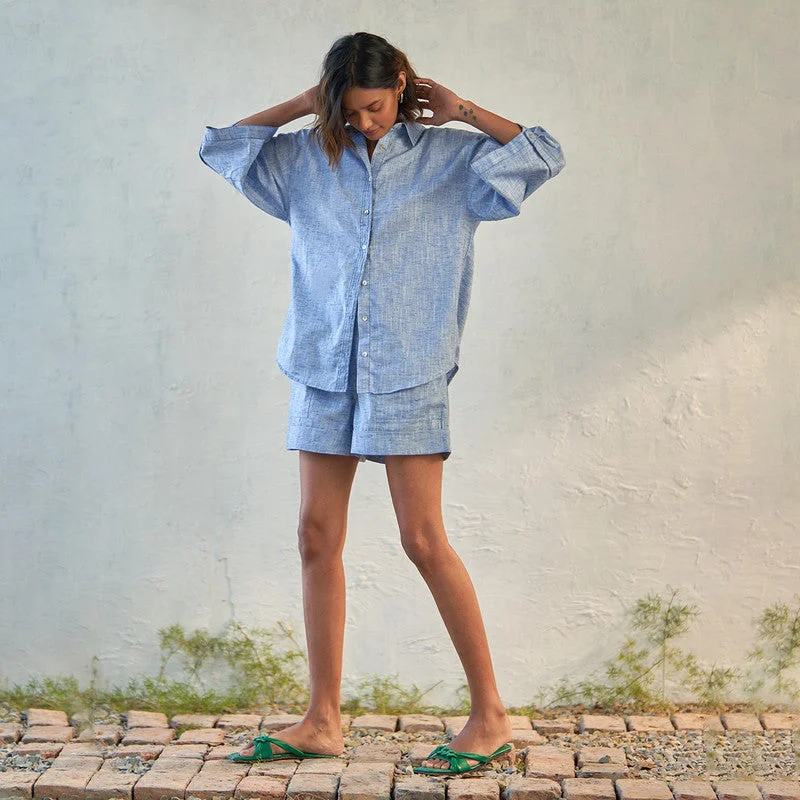 Cotton Poplin Co Ord Set for Women | Deep Blue | Shirt & Shorts