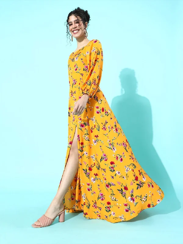 Berrylush Women Yellow Floral Cuffed Sleeve Thigh-Slit Maxi Dress