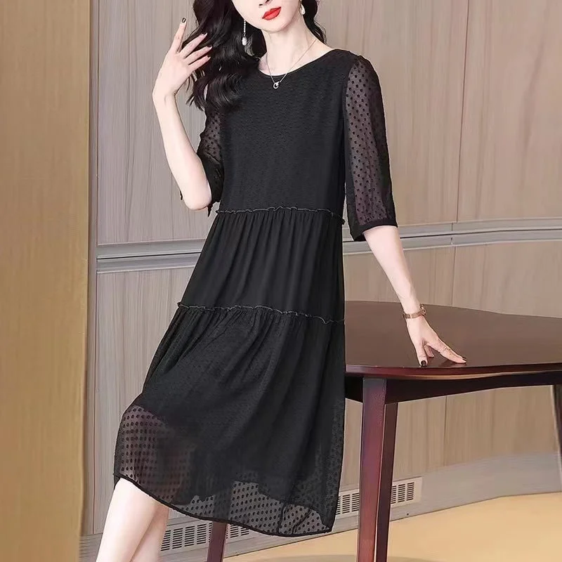 NiDELL High-End Silk Dress Female Summer New Black Mulberry Silk round Neck Brand Mid-Length Luxury Large Size High-End