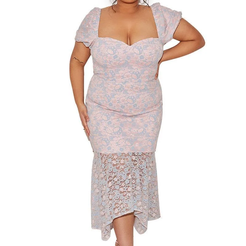 NiDELL . Spring and Summer New European and American plus Size Women's Clothes Dress Amazon Lace Sexy Slim Fit Irregular Dress