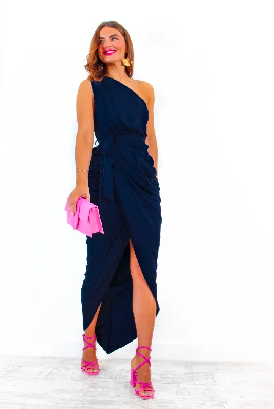 Shes Irreplaceable - Navy Ruched One Shoulder Maxi Dress