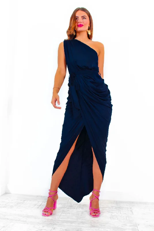 Shes Irreplaceable - Navy Ruched One Shoulder Maxi Dress