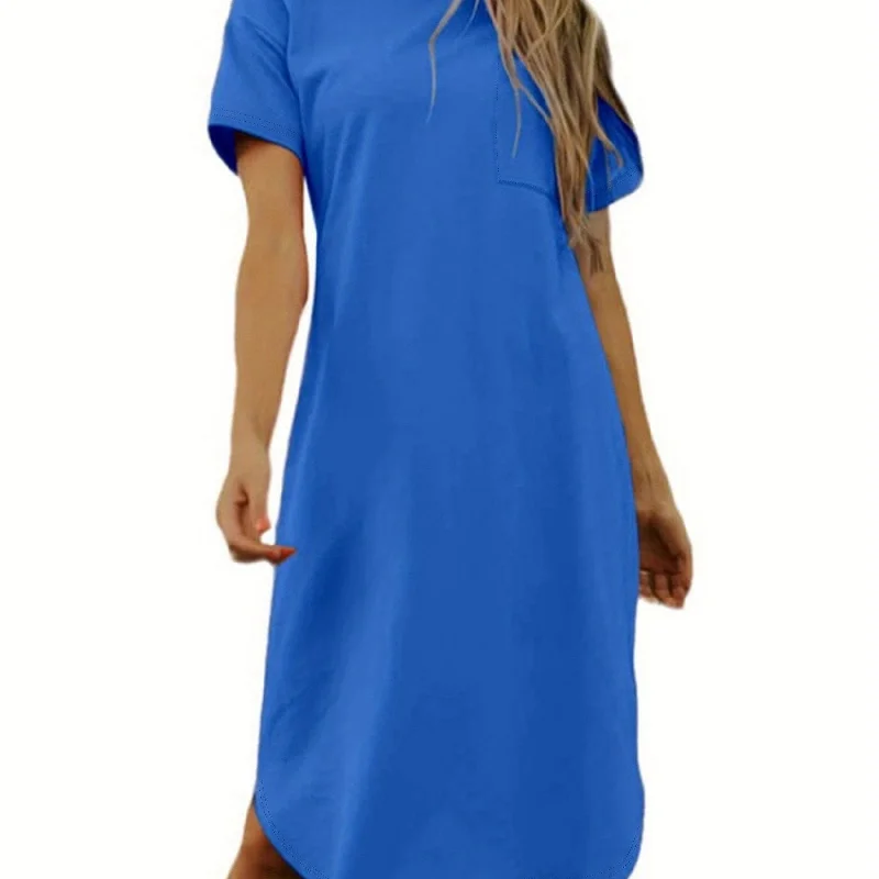 Sixsr Crew Neck Mid Length Dress, Short Sleeve Solid Summer Pockets Dresses, Women's Clothing