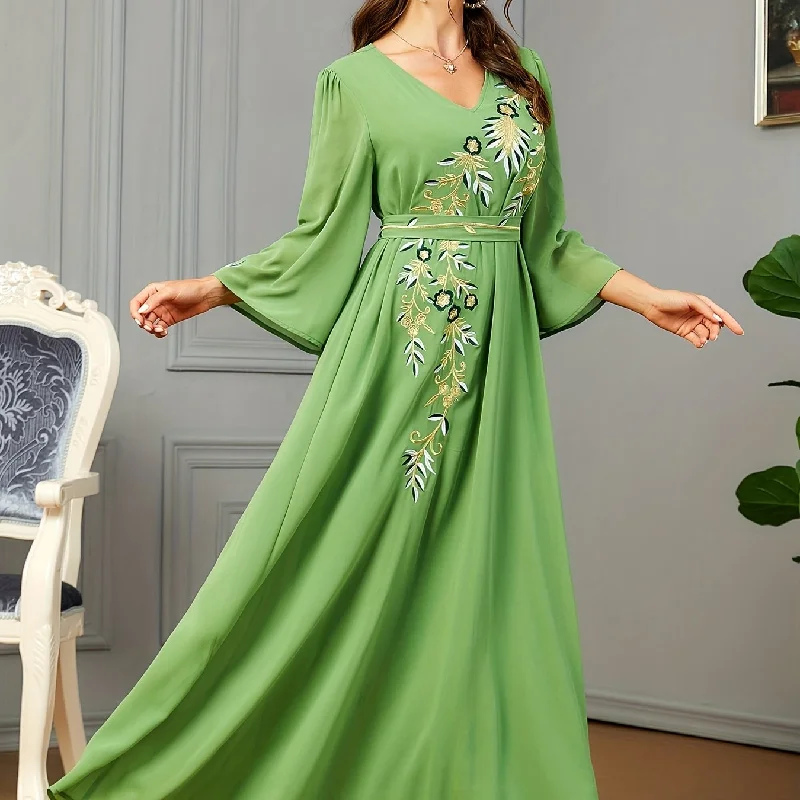 Sixsr Floral Embroidered V Neck Belted Dress, Elegant Bell Sleeve Maxi Dress, Women's Clothing