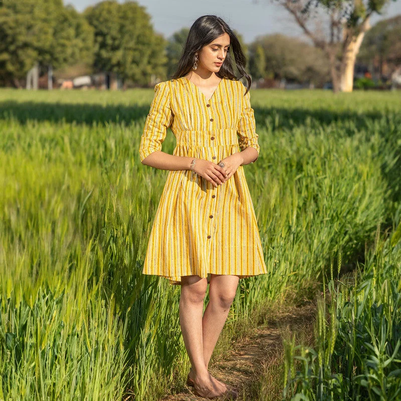 Cotton Short Dress for Women | Handblock Printed | Yellow