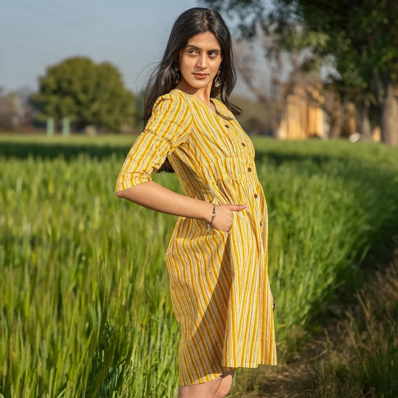 Cotton Short Dress for Women | Handblock Printed | Yellow