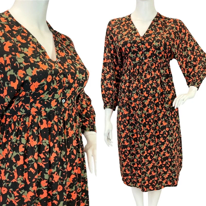 VINTAGE 60s 70s BLACK GREY ORANGE PSYCHEDELIC FLORAL LONGSLEEVE DRESS 16 18