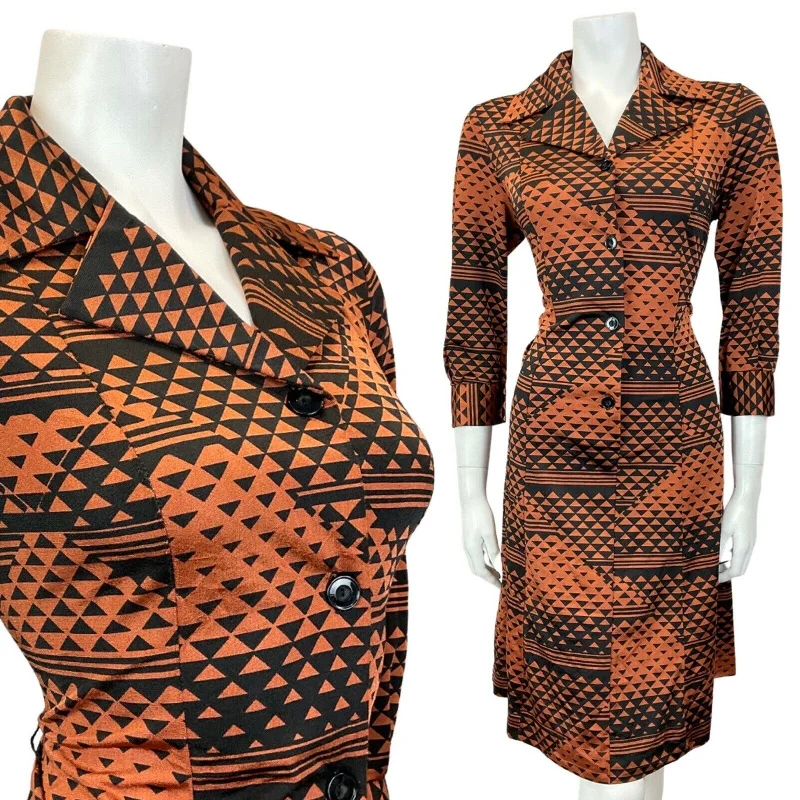 VINTAGE 60s 70s BRONZE BLACK GEOMETRIC OP-ART MOD SHIRT DRESS 10 12