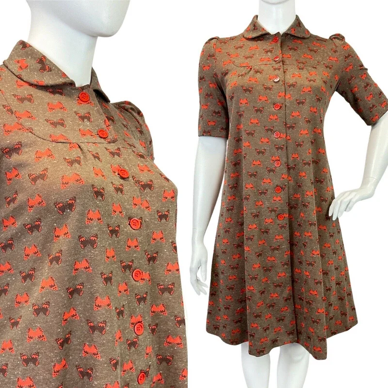 VINTAGE 60s 70s BROWN ORANGE BUTTERFLY PETER PAN COLLAR MOD TENT SWING DRESS 16