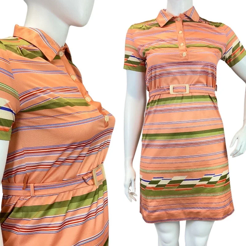 VINTAGE 60s 70s ORANGE GREEN RED STRIPED BELTED MOD SHIRT DRESS 14 16