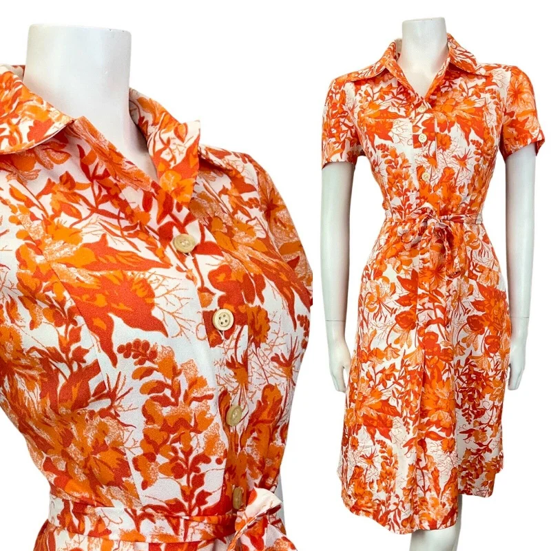 VINTAGE 60s 70s ORANGE RED WHITE FLORAL PSYCHEDELIC BELTED SHIRT DRESS 12 14