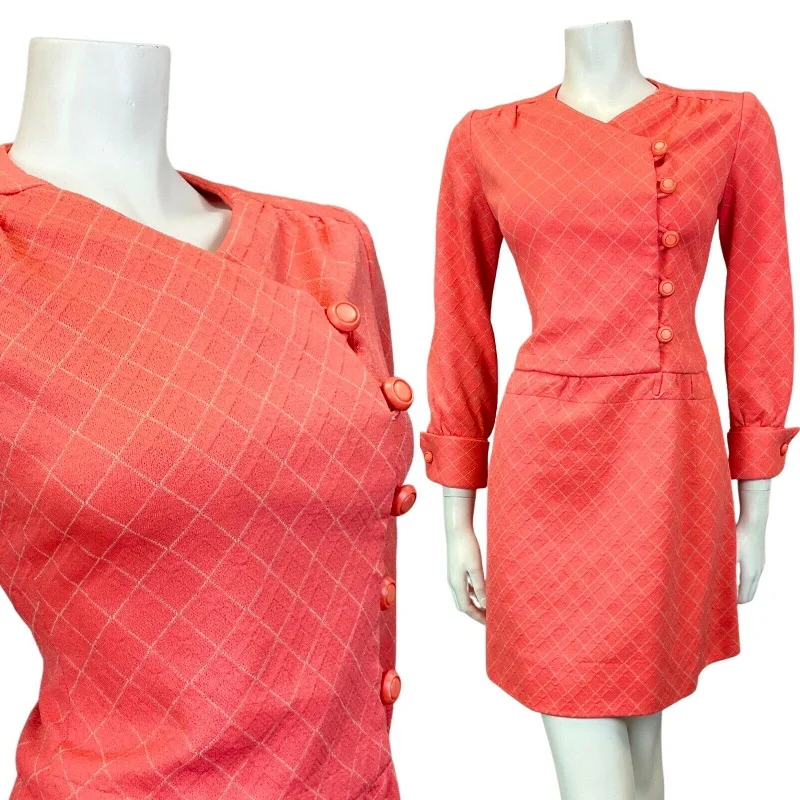 VINTAGE 60s 70s SALMON PINK WHITE GRID CHECKED MOD SCOOTER SHIFT DRESS 8