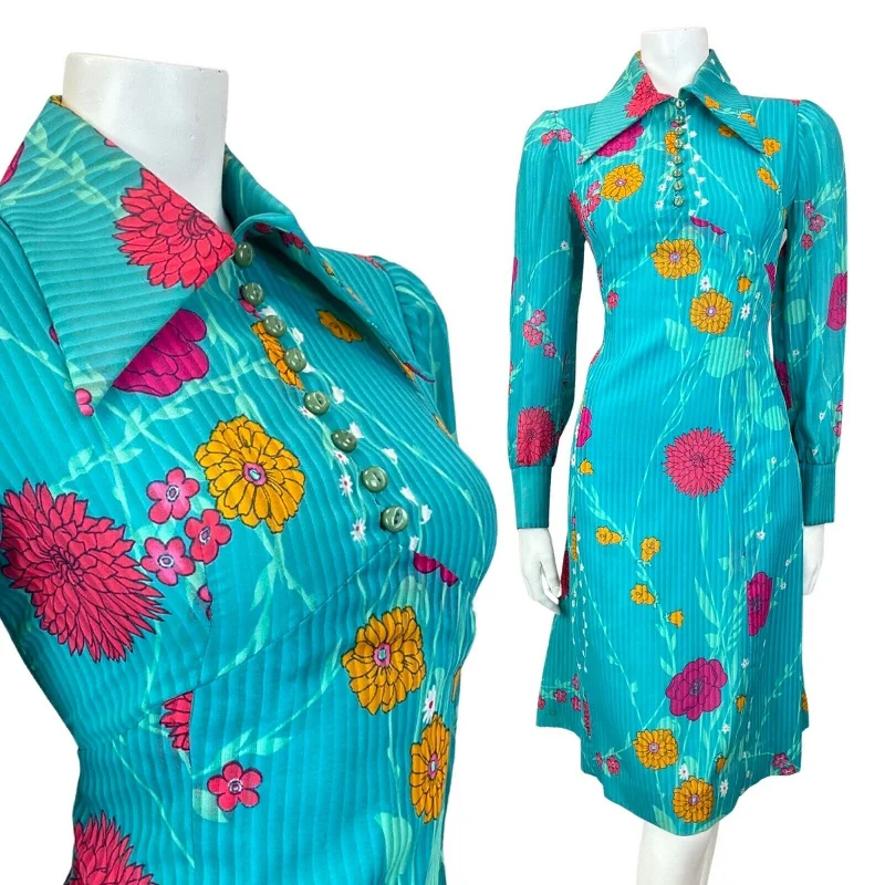 VINTAGE 60s 70s TEAL BLUE PINK ORANGE STRIPED FLORAL DAGGER SHIRT DRESS 10