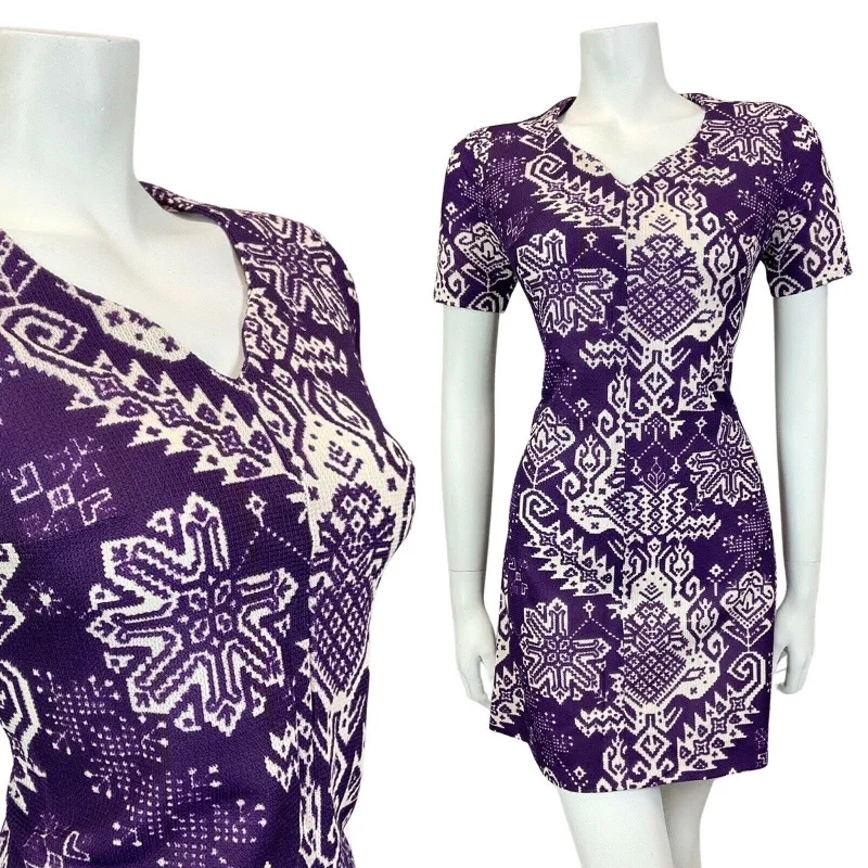 VINTAGE 60s 70s VIOLET PURPLE WHITE AZTEC GEOMETRIC MOD SHORT DRESS 10 12