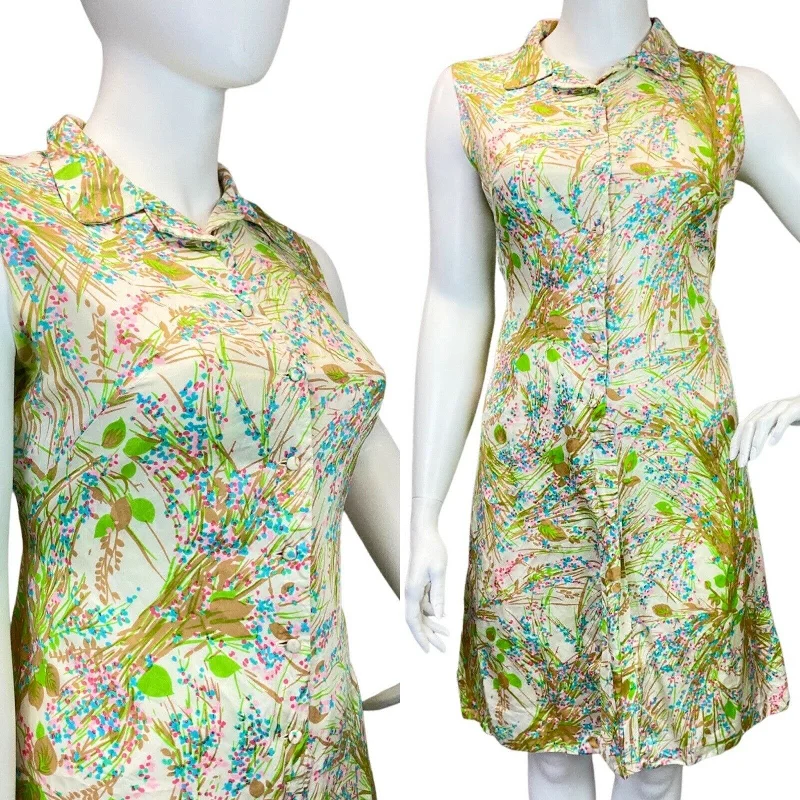 VINTAGE 60s 70s WHITE GREEN BLUE FLORAL LEAFY SLEEVELESS SHIRT DRESS 18 20