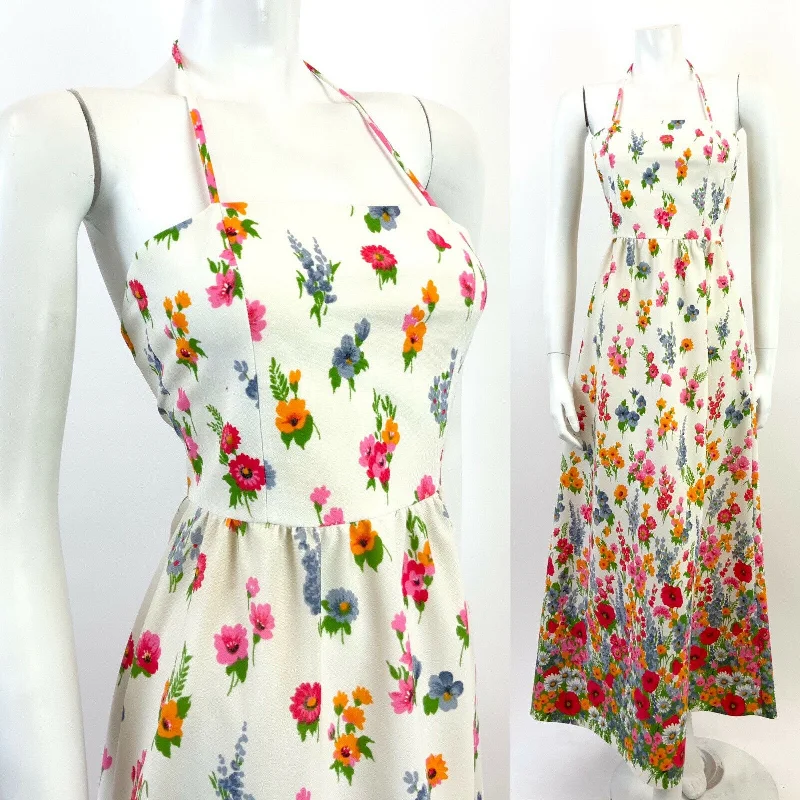 VINTAGE 60s 70s WHITE PINK BLUE ORANGE FLORAL POPPY GARDEN HALTER MAXI DRESS 4 6