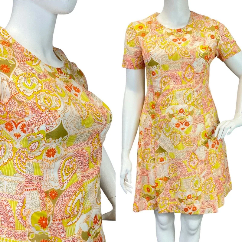 VINTAGE 60s 70s YELLOW RED WHITE PSYCHEDELIC PAISLEY FLORAL MOD DRESS 16 18