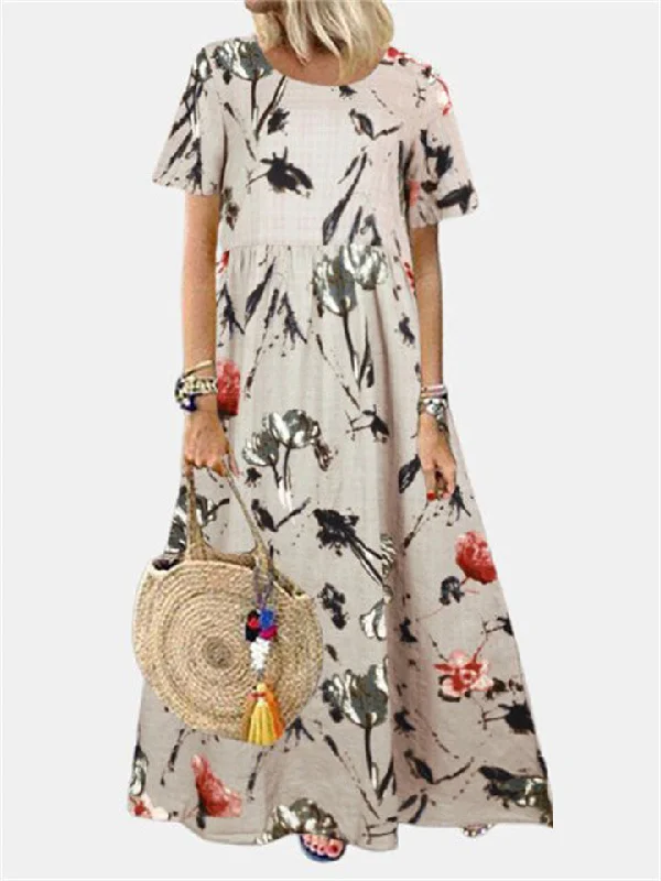 Women's Long Dress Maxi Dress Casual Dress Beach Dress Floral Print Dress Daily Vocation Short Sleeve Crew Neck Dress Loose Fit Green Beige Spring Summer S M L XL XXL