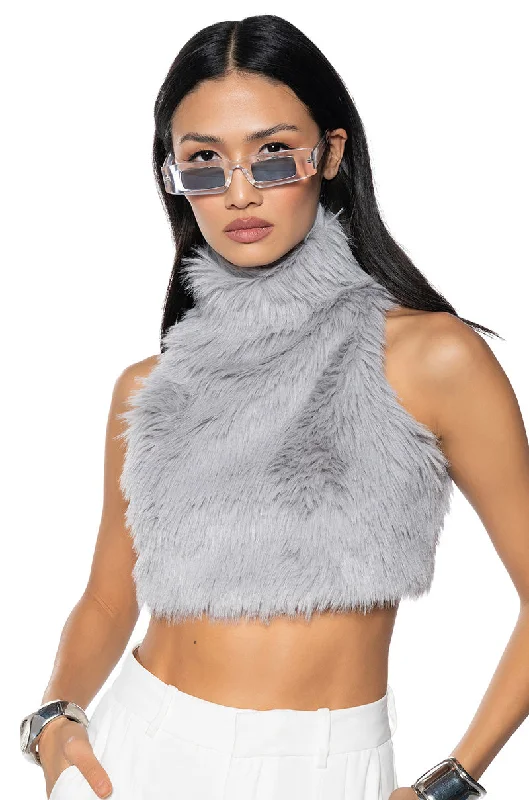 BAD GAL SLEEVELESS MOCK NECK FUR TOP