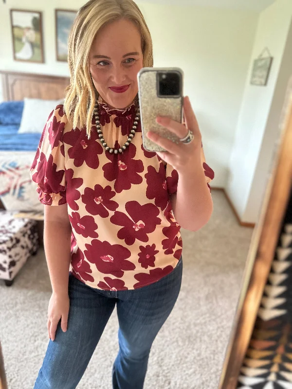 Burgundy Floral Mock Neck Top