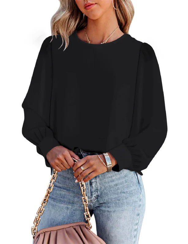 Women's Casual Blouse Crewneck Long Sleeve Flowy Basic Tops Shirt