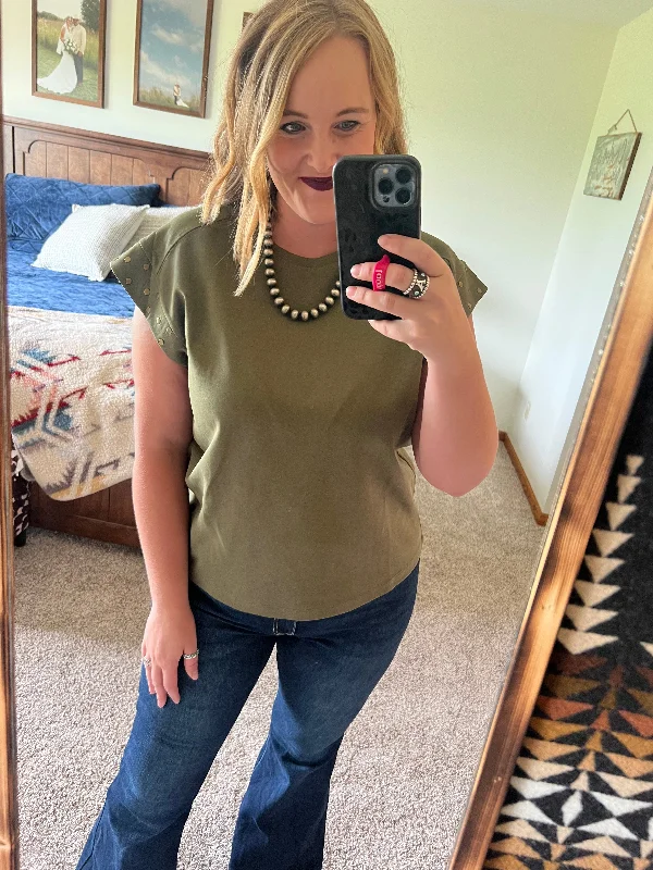 Olive Stud Sleeve Top