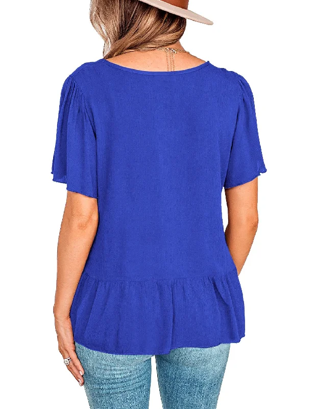 Royal Blue V-Neckline Buttons Loose Peplum Top