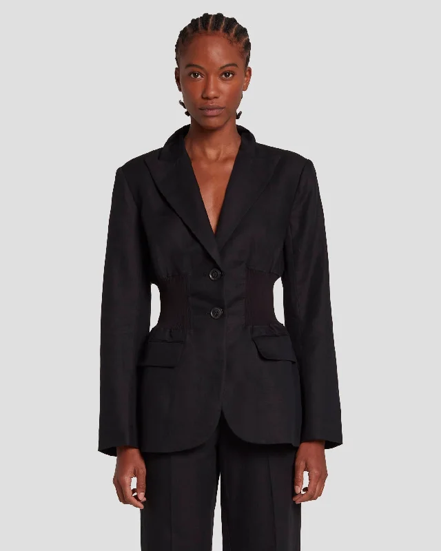 Cinched Waist Linen Blazer in Black