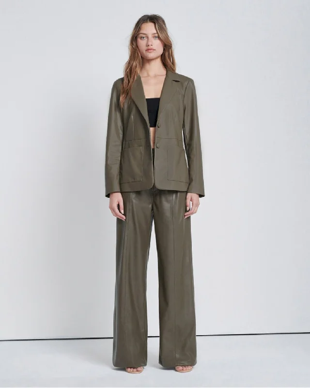 Faux Leather Tie Blazer in Deep Lichen