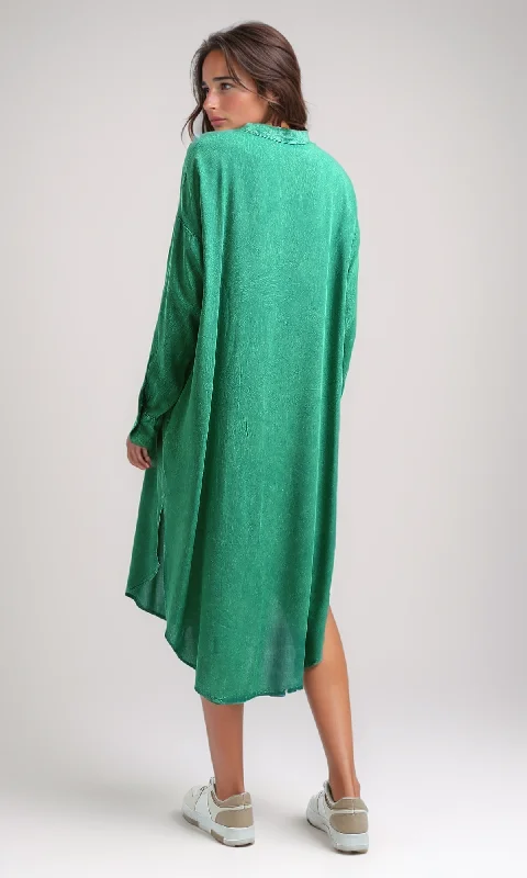 O179187 Green Textured Shirt Dress With Full Buttons