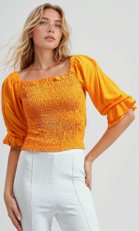 O179195 Cropped Ruffle Top Square Neck -Hot Orange