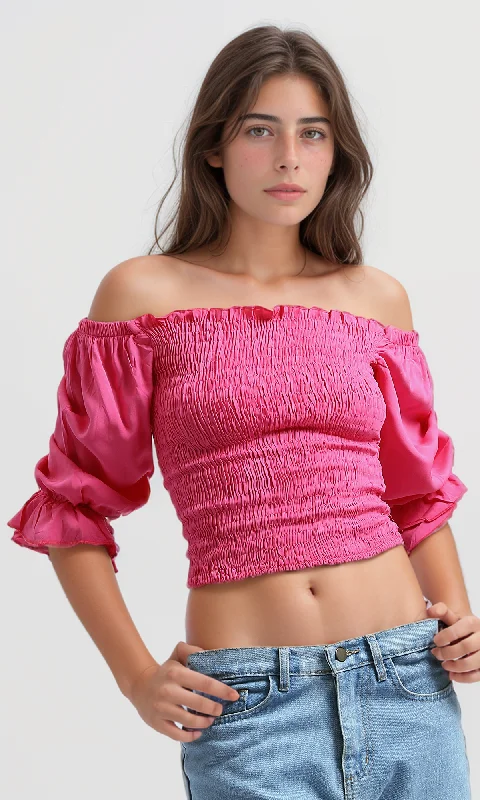 O179196 Square Neck Cropped Tops Long Sleeve -Fushia