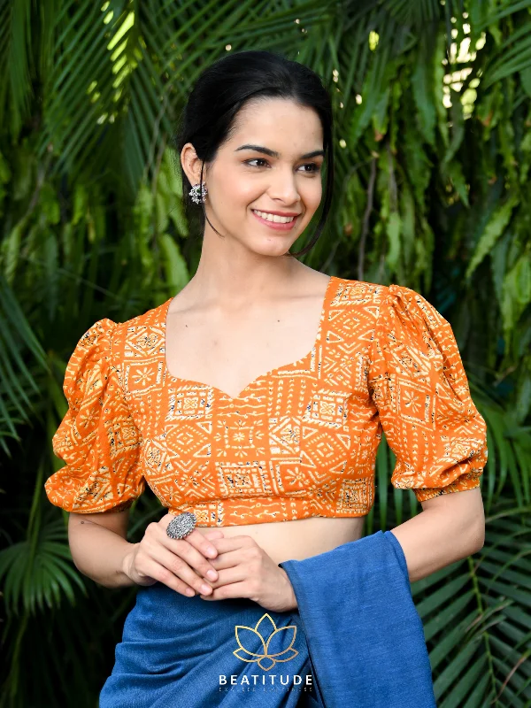 Orange Blended Cotton Geometric Foil Work Blouse