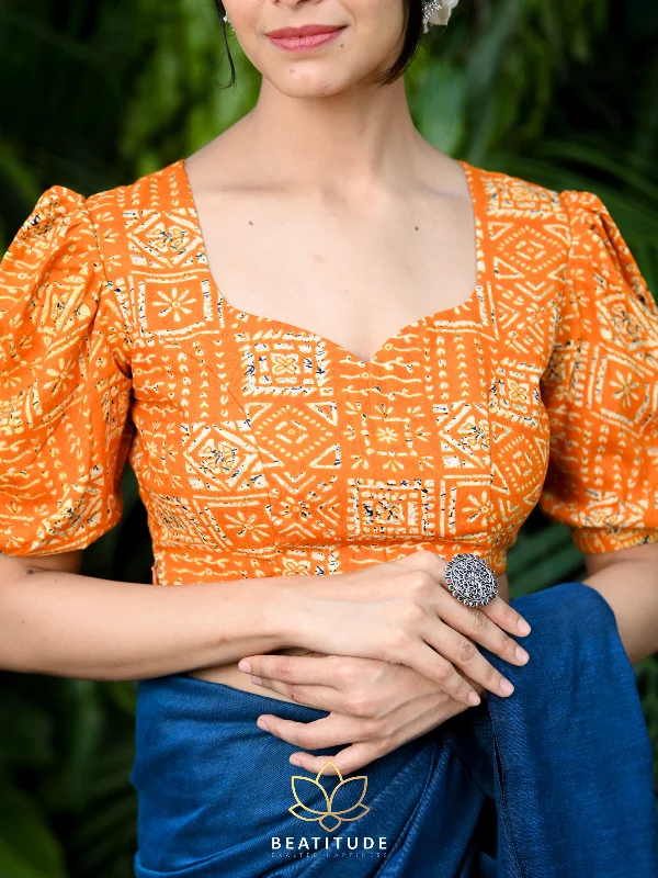 Orange Blended Cotton Geometric Foil Work Blouse