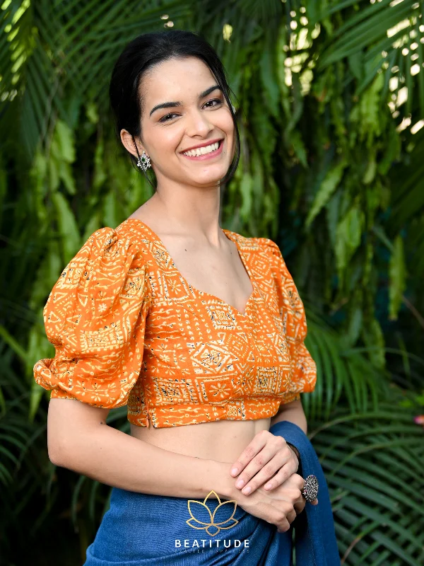 Orange Blended Cotton Geometric Foil Work Blouse