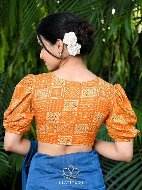 Orange Blended Cotton Geometric Foil Work Blouse