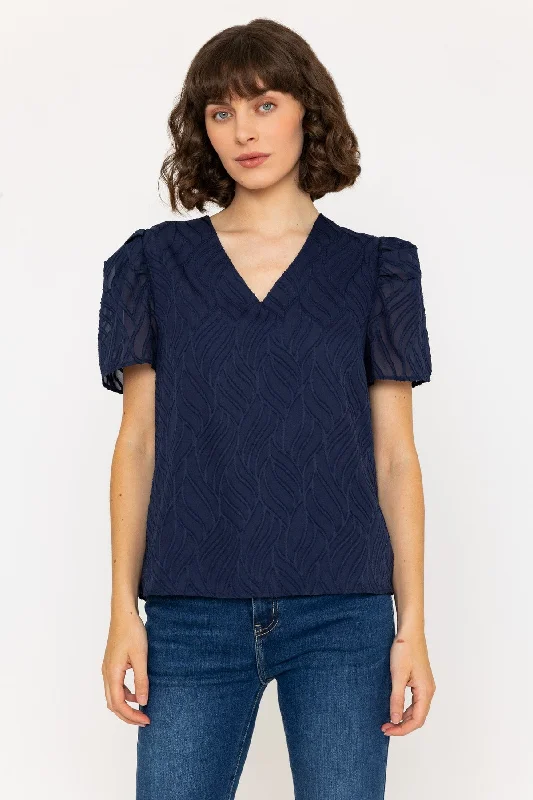 Short Sleeve Textured V Neck Top in Navy