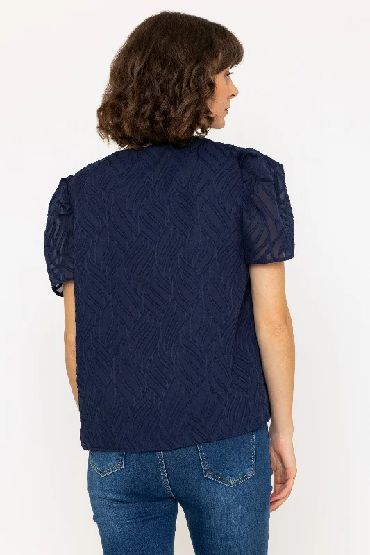 Short Sleeve Textured V Neck Top in Navy