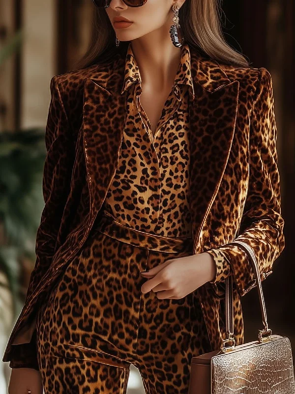 Casual Loose Retro Caramel Velvet Leopard Print Blazer