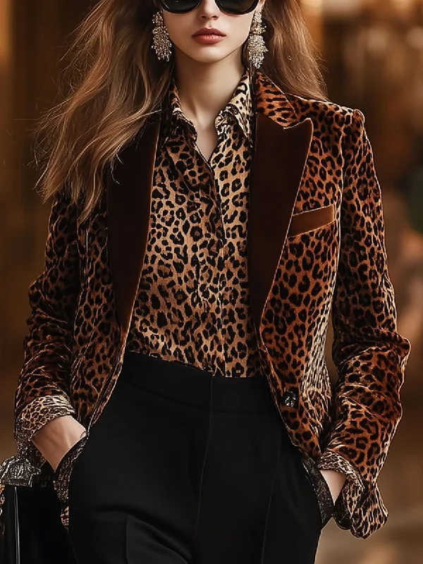 Casual Loose Retro Velvet Leopard Print Collar Blazer