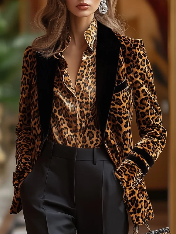 Casual Loose Retro Velvet Leopard Print Contrast Lapel Striped Blazer