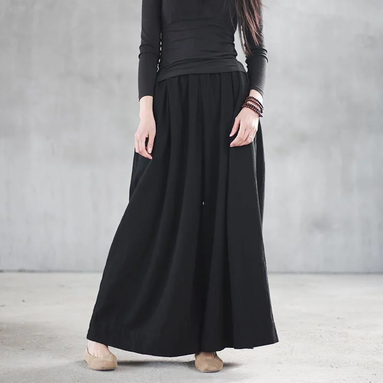 2018 new black vintage linen wide leg pants plus size elastic waist pants