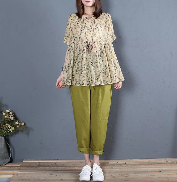 2019 green women linen straight pants elastic waist trousers