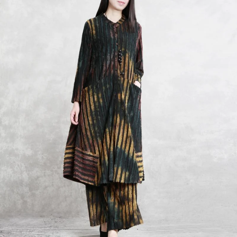 2019 new twi pieces striped Jacquard cotton blended long shitrt and casual wide leg pants