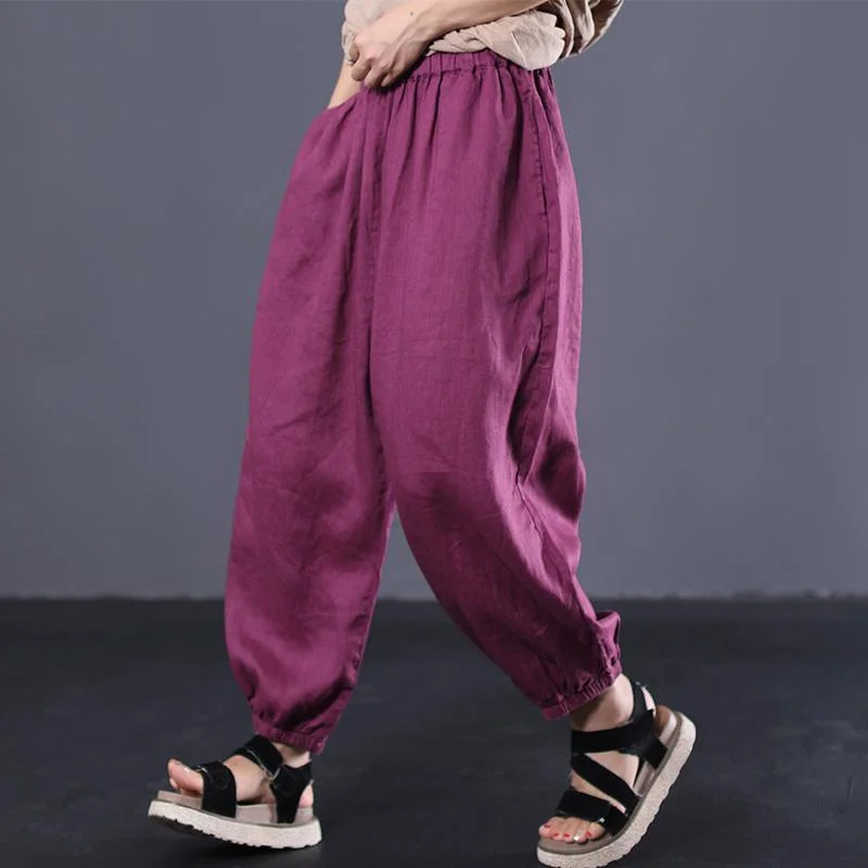 2019 purple linen women pants plus size casual wide leg pants