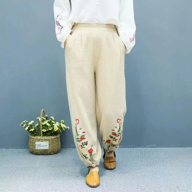 2019 summer nude linen pants loose embroidery elastic waist pants