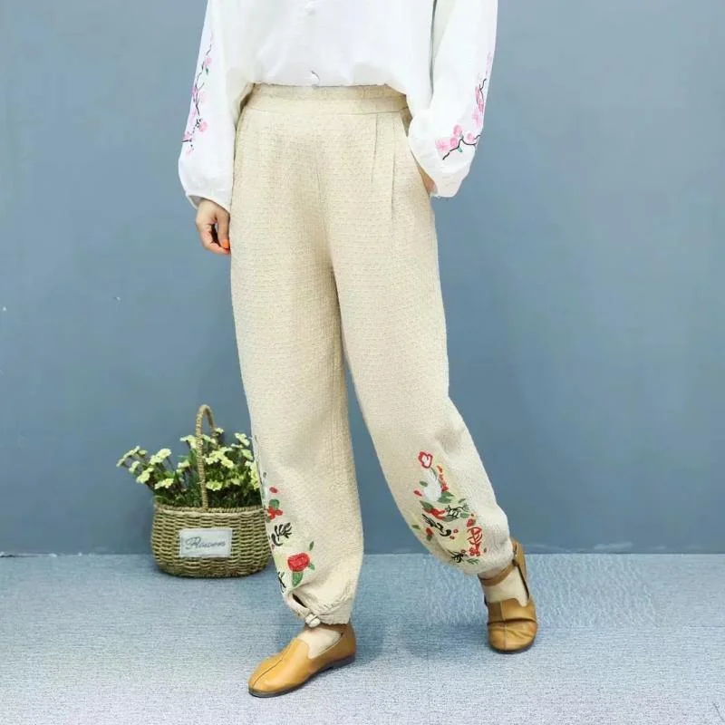 2019 summer nude linen pants loose embroidery elastic waist pants