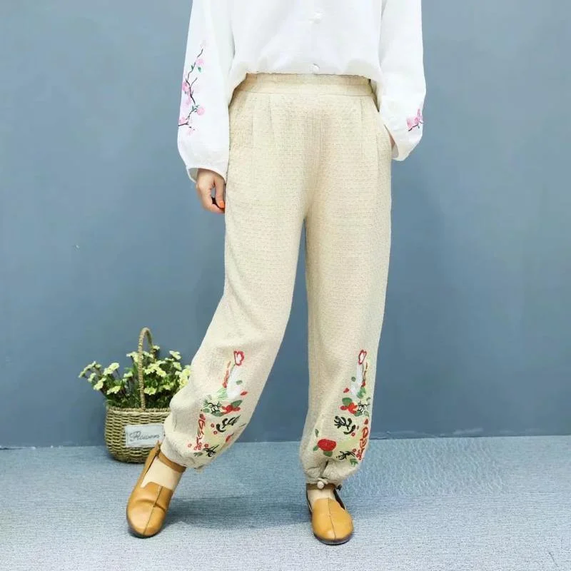 2019 summer nude linen pants loose embroidery elastic waist pants