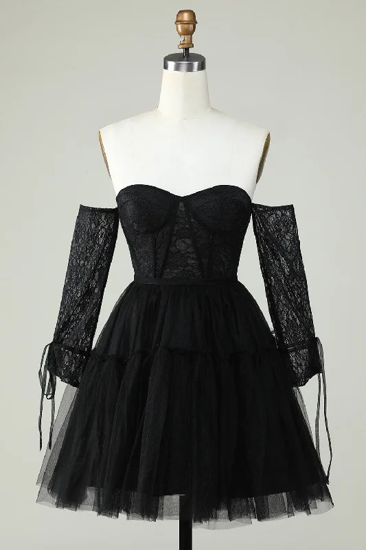 "Shirt dresses for women for a smart - casual style"A Line Off the Shoulder Black Corset Homecoming Dress with Long Sleeves "Shirt dresses for women for a smart - casual style"A Line Off the Shoulder Black Corset Homecoming Dress with Long Sleeves
