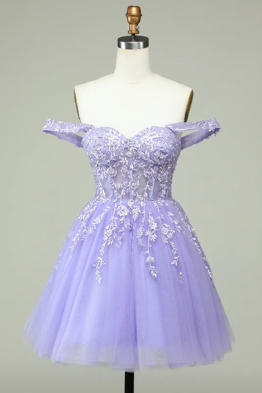 "Mermaid - style wedding dresses for women for a dramatic look"A Line Off the Shoulder Lilac Corset Homecoming Dress with Appliques "Mermaid - style wedding dresses for women for a dramatic look"A Line Off the Shoulder Lilac Corset Homecoming Dress with Appliques